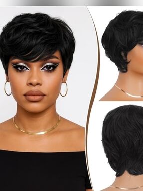 100% Human Hair Short Pixie Wig Natural Black #1B Layered Curly Bangs Glueless